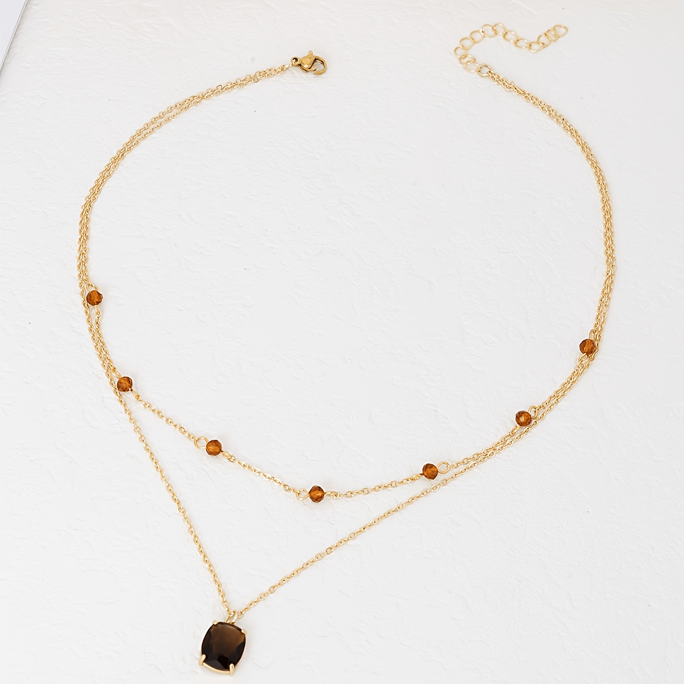TEMU 1pc Fashion Men's Necklace, Retro Square Brown Pendant Artificial Crystal Tassel Double Layer Clavicle Chain, Suitable For Daily Vacation Party