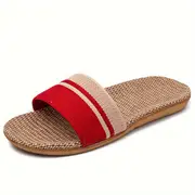 womens comfy linen slides striped open toe flat summer shoes indoor outdoor slippers with eva sole sizes 6 to indoor summer footwear open toe shoes linen sandals ladies slippers details 0