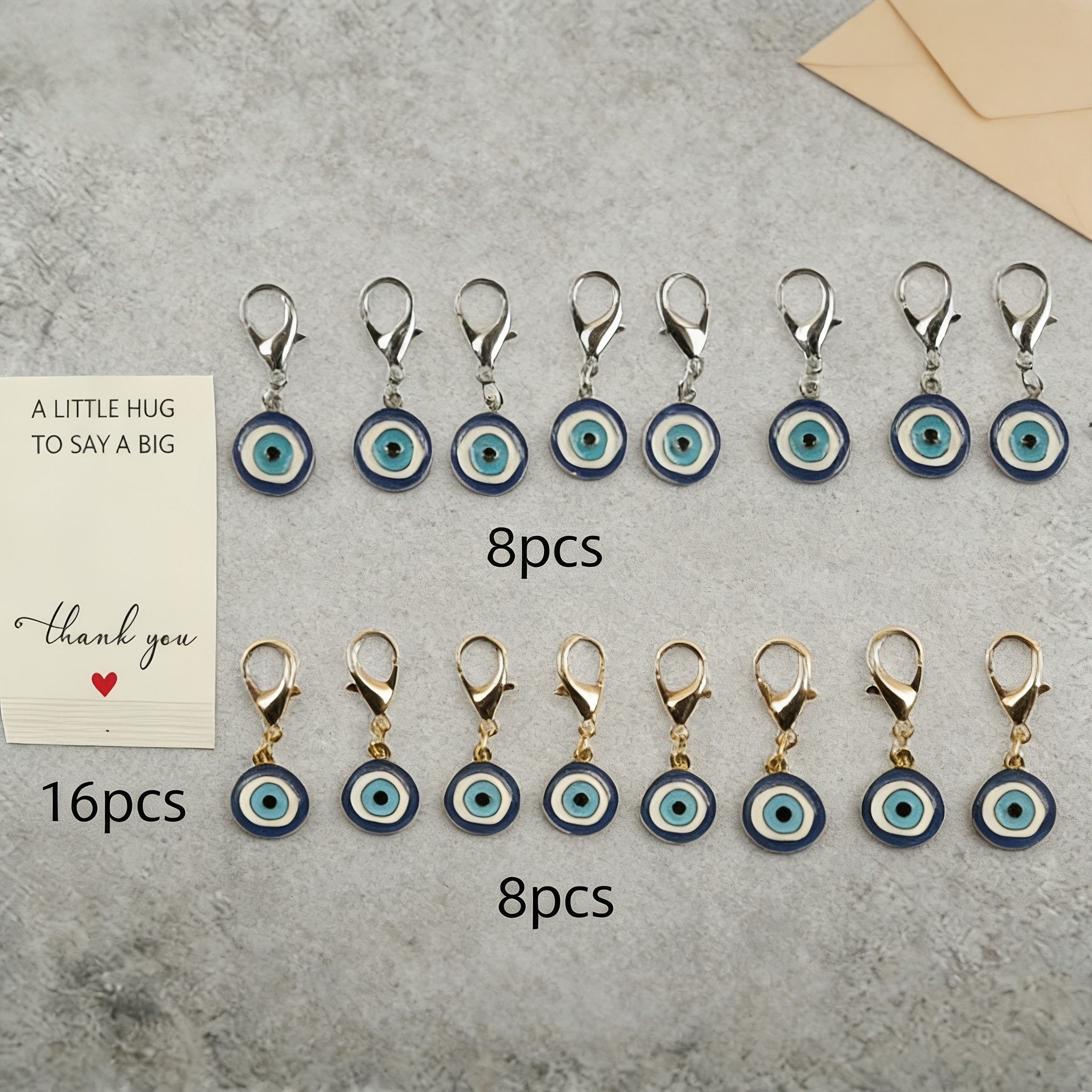 Image of 2d Flat - 32pcs Set (16 Keychains + 16 Cards) 2d Flat Blue Evil Eye Keychain Set, In Golden And Silvery Colors, Including Thank-you Cards, Pendant Additions, Suitable For Birthday, Wedding, Graduation