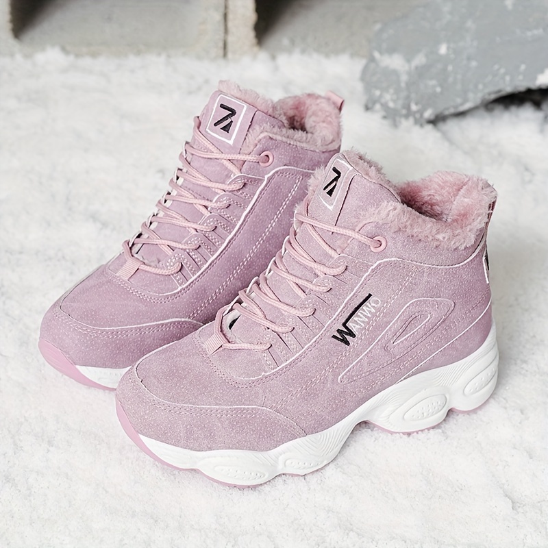 womens 2025 fleece lined chunky   heel ankle boots breathable pu cover lace up round toe white pink accents for winter   winter footwear trendy chunky heel durable rubber sole 2