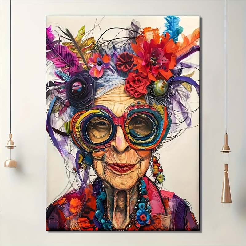 room decor 1pc rustic wooden framed canvas painting poster whimsical old lady canvas art print fashion funny crazy   for home office bedroom living room kitchen bathroom modern seasonal holiday posters