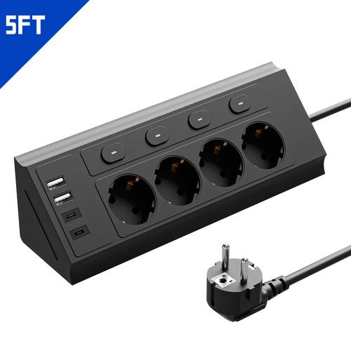 EU Power Strip, 4 AC Outlets with 2 USB Type-C, Wall Corner Power Strip with Independent Control Switch, 1.5 Meter Extension Cord, Suitable for Home, Office, Travel, Computer, White and Black