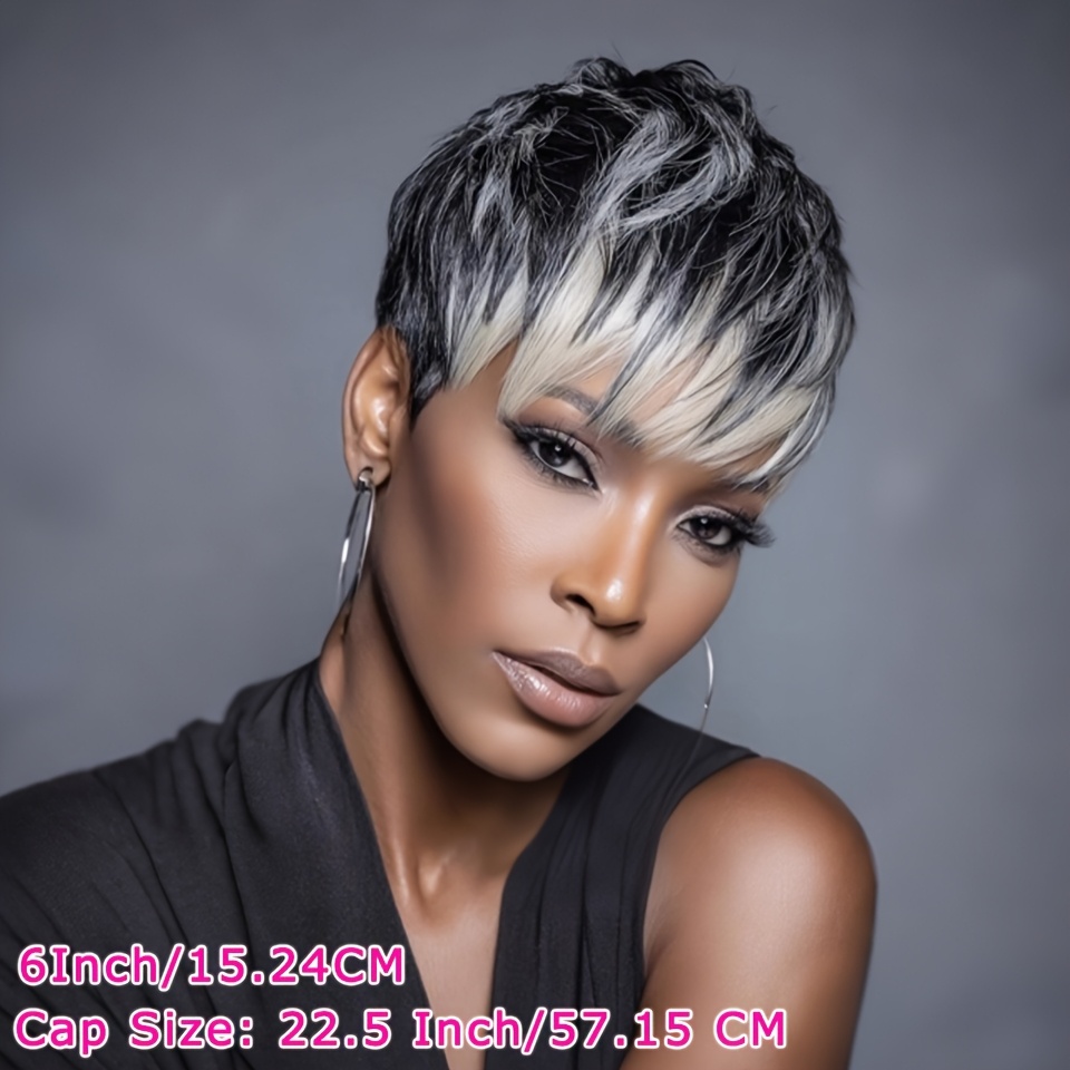 TEMU Women' Brazilian Human Hair Wig Short Ombre Cut With 150% Density Looking Straight Hair, 1b/60 Balayage Ombre, For For Party, Holiday, Or Casual Attire - Machine-made Full Wig