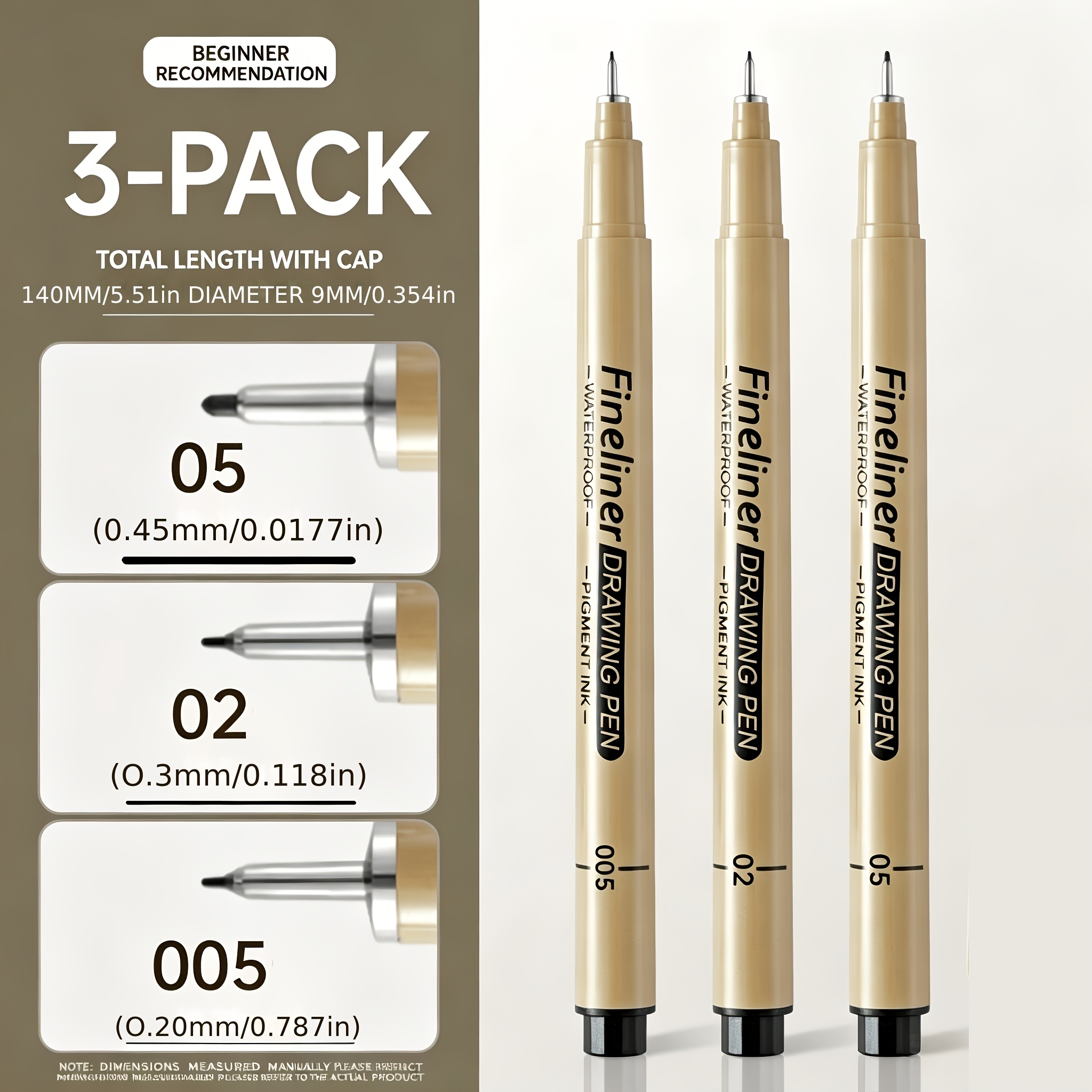 TEMU Set de 3 stylos liners noirs, stylo contour, stylo à dessin, stylo imperméable à séchage rapide, stylo tube, stylo , taille standard, stylo noir