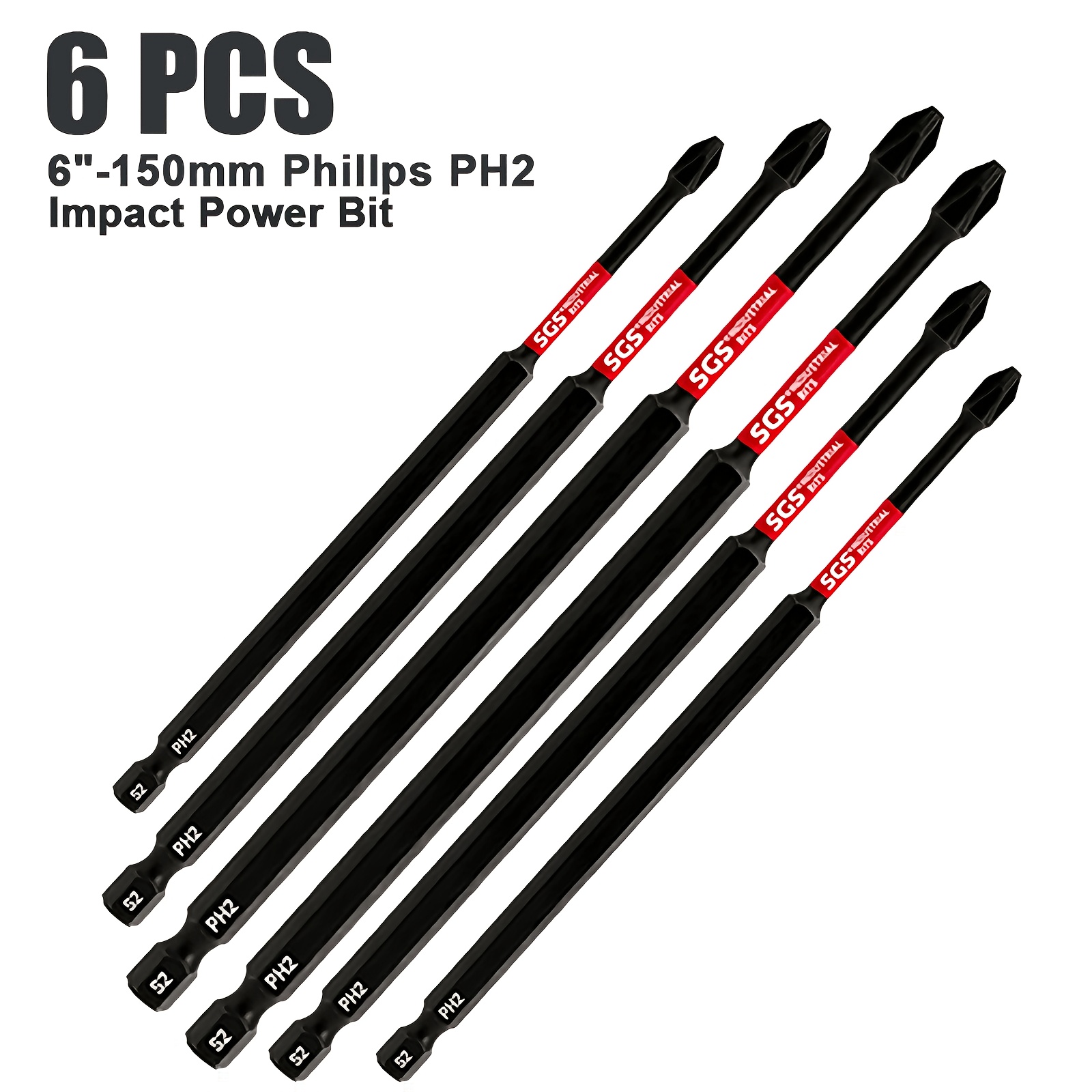 TEMU 2/4/6pcs S2 Steel Ph2 Extended Phillips Impact Inch 150mm Magnetic Screwdriver Bit High Hardness Anti-torsion Electric Drill Screwdriver