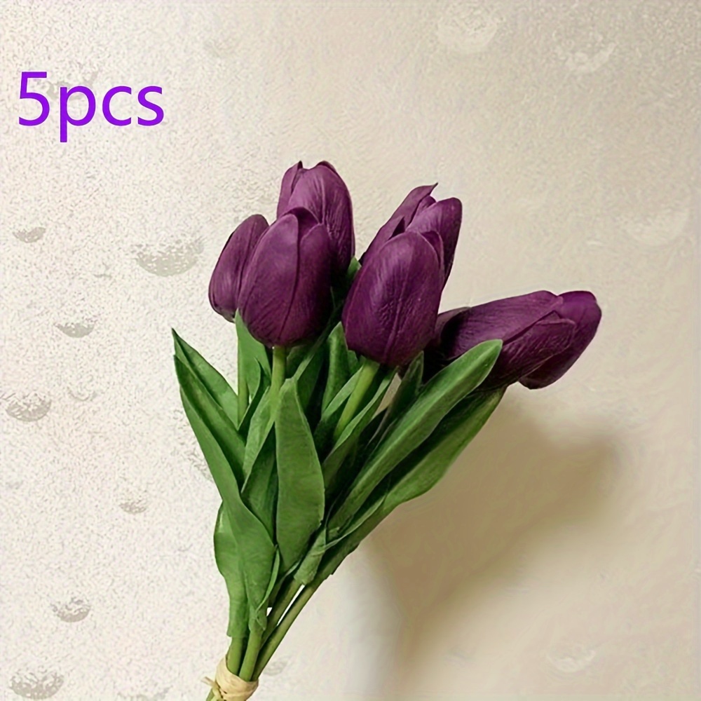 Image of 5pcs Purple Artificial Tulip Flowers, Real Touch Faux Flowers For Wedding Floral Arrangement Halloween Indoor Outdoor Decorations