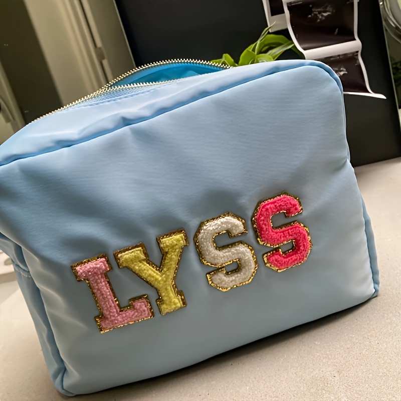TEMU Personalized Nylon Pouch - Custom Name/chenille Patch Cosmetic & Everyday Bag, Zippered Preppy Pouch Suitable For Travel, Parties, Gifts -