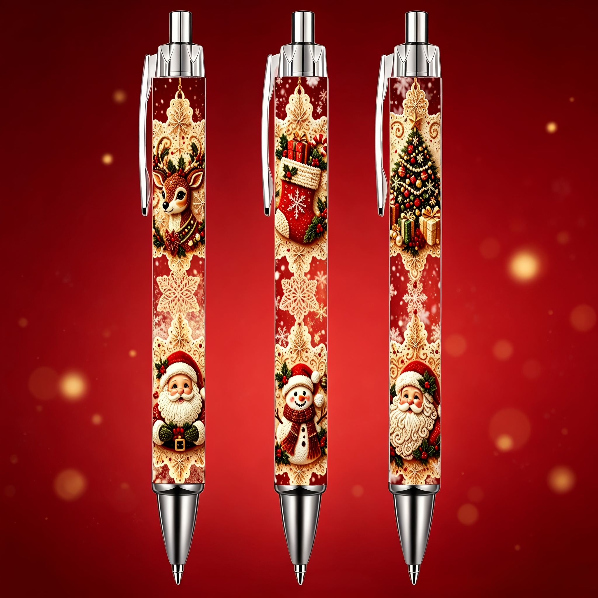 TEMU 3-pack Christmas Retro Printed Ballpoint Pens, Red And Background With Santa Claus, Snowman, Reindeer, Christmas Tree Patterns, Retro And