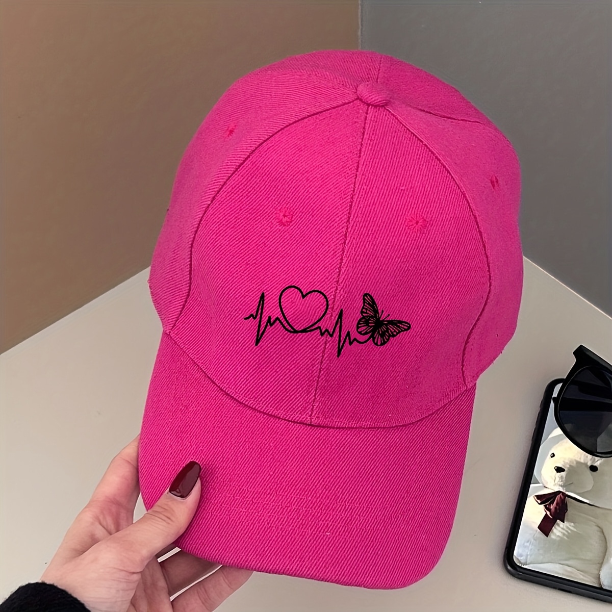 TEMU 1pc Women's Adjustable Rose Pink Striped Baseball Cap With Print - Lightweight Suitable For Outdoor, Casual,, Casual Attire, Soft Cap For,