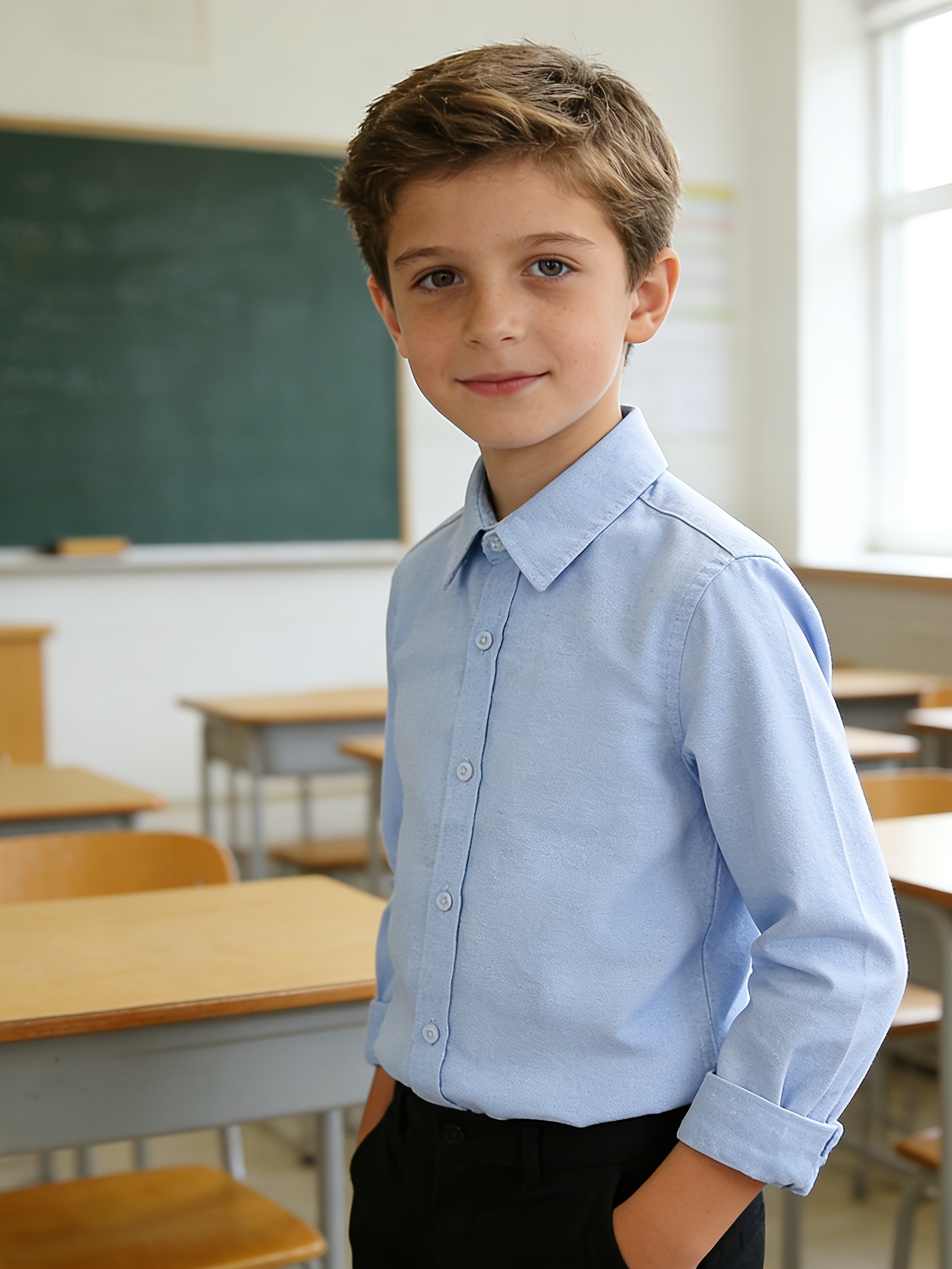 Conjunto de 3 camisas de manga larga blancas y azules para niño | Estilo preppy, tela sin elasticidad, corte regular para la escuela y presentaciones