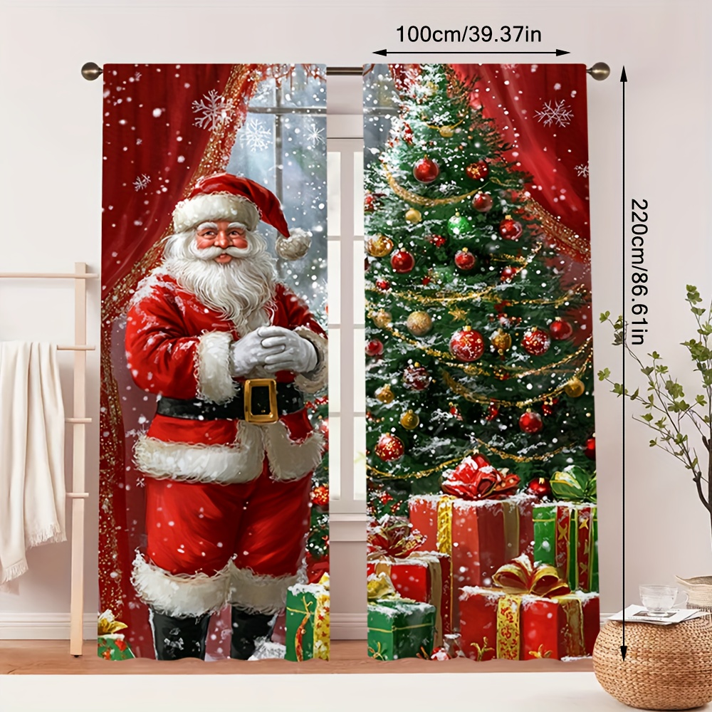 TEMU Rideaux Imprimés Scène de Noël Père Noël 2D Plats, 2pcs, Installation à Poche pour Tringle – Idéal pour Chambre, Salle à Manger Moderne, Salon ,