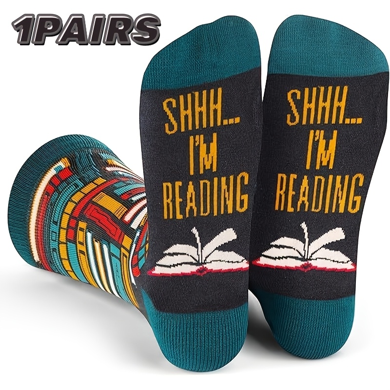 E-shop 1 Paar lustige Socken mit Buchmuster - Herren Socken bis zur Mitte der Wade, lustige Serie Socken, Shh! Ich lese Buchstaben Trendige Mode