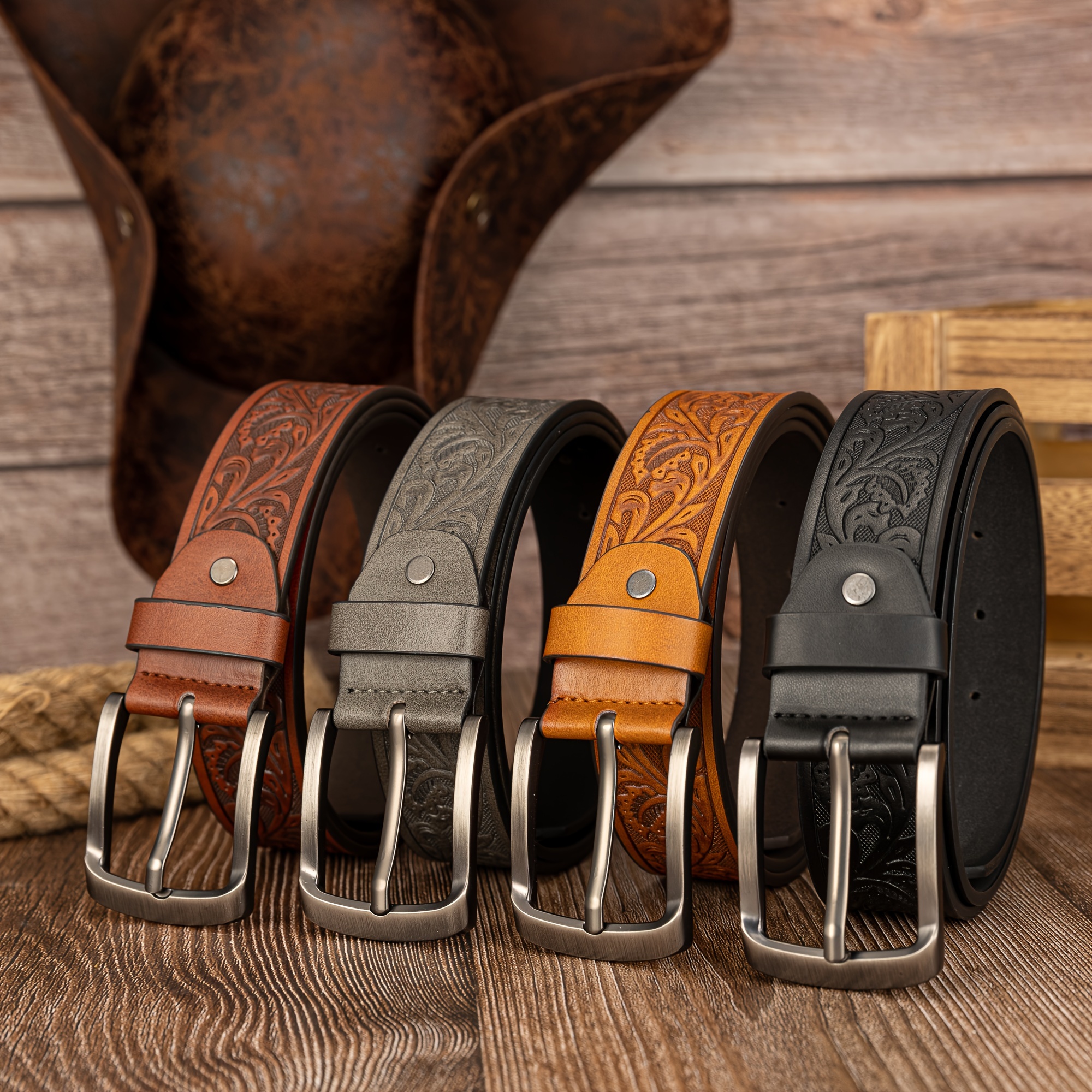 

Preppy Style Men's Embossed Pu Leather Belts With Vintage Leaf Pattern And Alloy Shaped Buckle