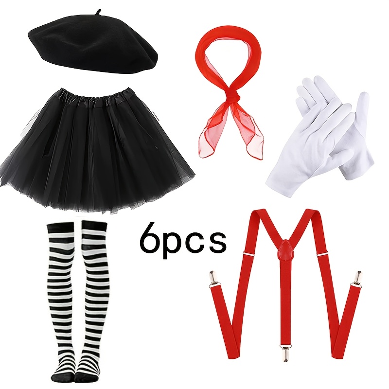 TEMU Ensemble de 6 pièces d'accessoires de costume de , comprenant une jupe de ballet, un noir, un laçage rouge réglable, un collant rayé, des gants,