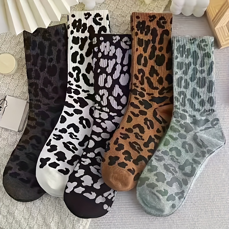 Image of 5-pair & Leopard Print Socks - Matching Opaque Ankle Socks Suitable For Spring Summer, 5-pair Pack (machine Washable)