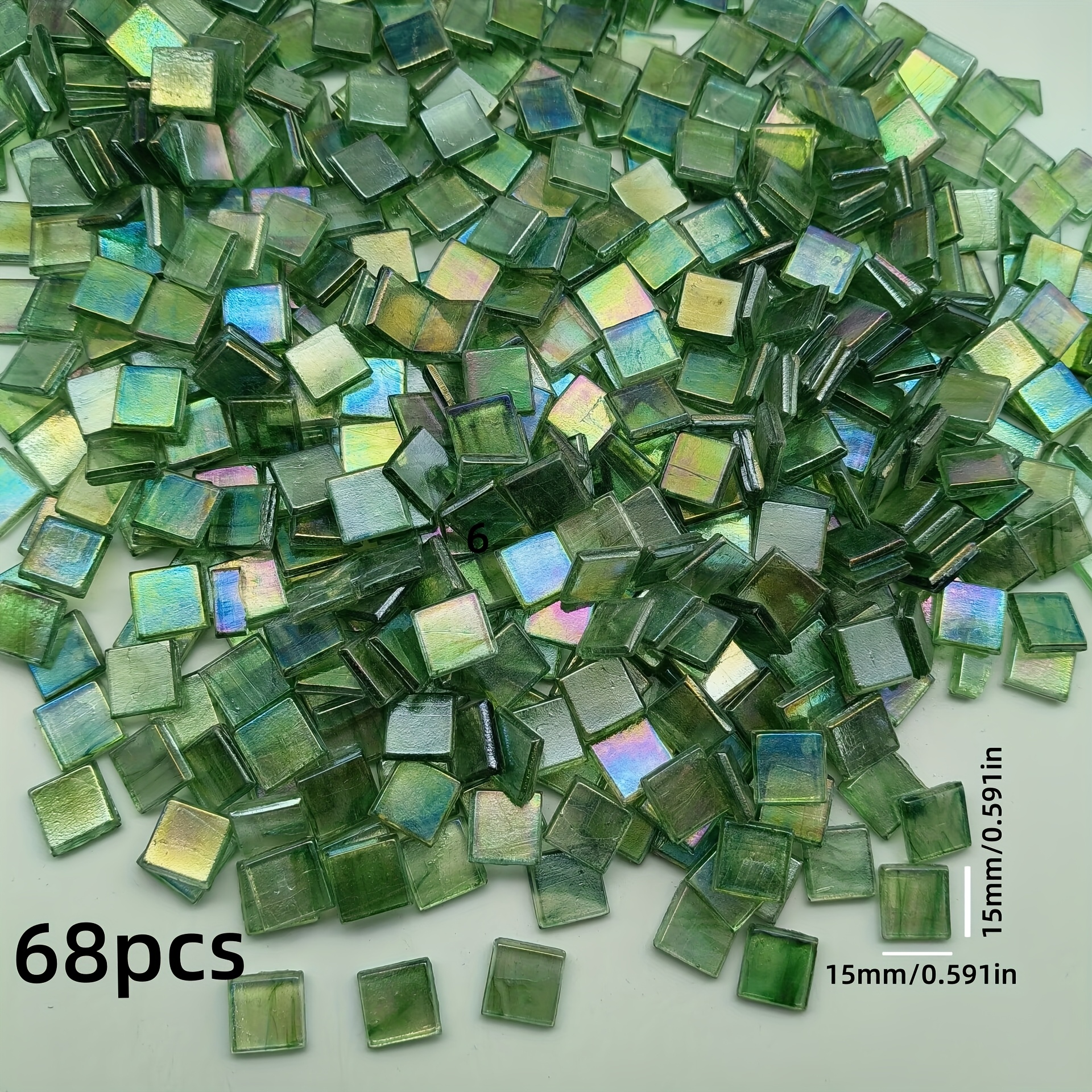 Image of 68pcs Of Green Iridescent Hot Melt Glue Mosaic Tiles, Measuring 0.591x0.591 Inches - For Crafts And Artistic Decoration, Square Glass Pieces For