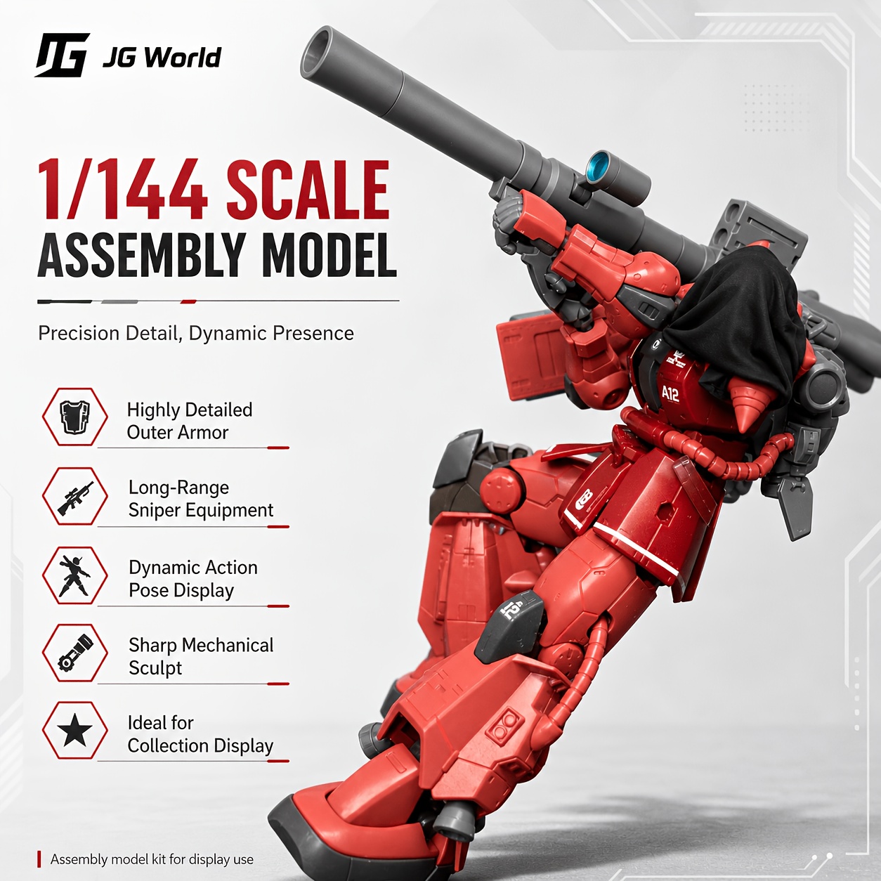 item picture jg world 1 144 scale red   mecha assembly model kit   eye combat robot display figure with long range rifle articulated joint structure detailed   surface collector display build