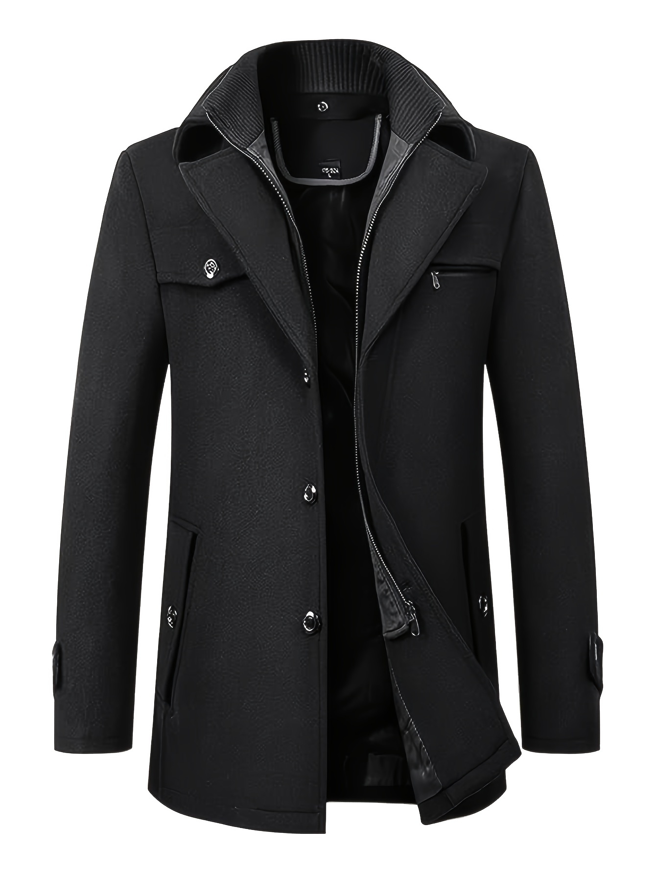 Men's Wool Blend Trench Coat with Detachable Soft Scarf Notched Collar Single Breasted Pea Coat Overcoat