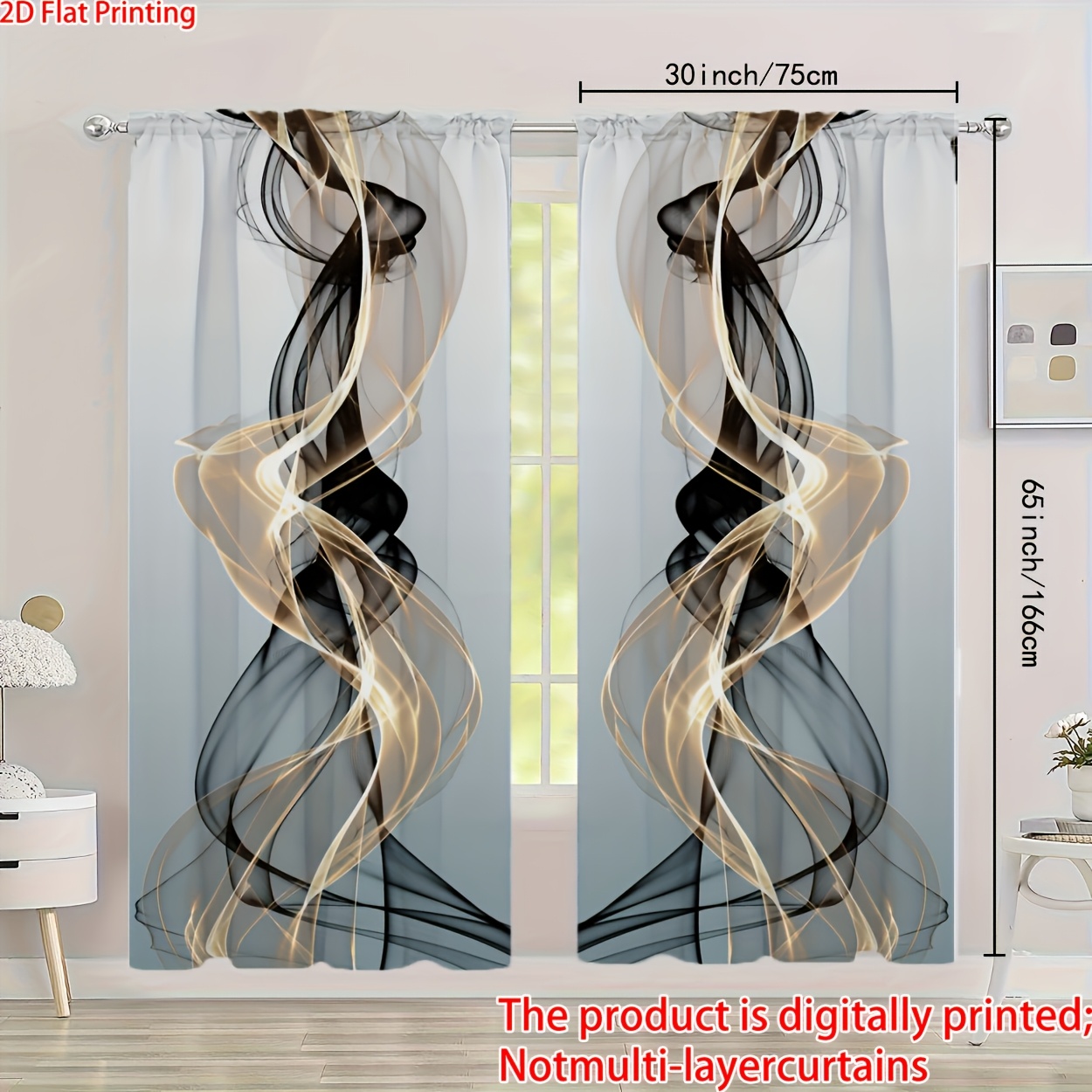 Image of 2pcs, 2d Flat Printing, Modern Art Abstract Pattern Curtains, Rod Pocket, Bedroom Office Kitchen Home Decor