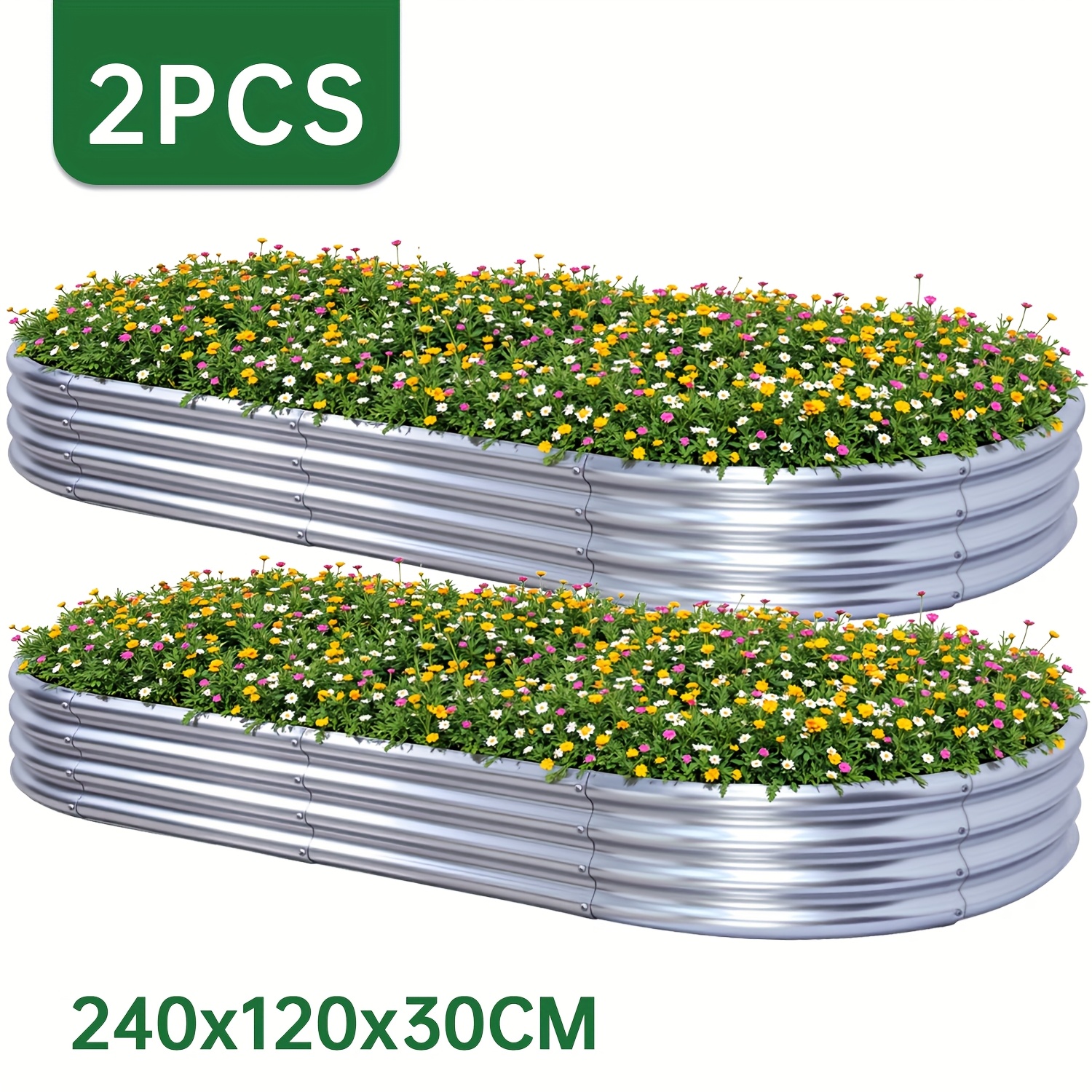 Image of 2pcs Large Galvanized Raised Garden Bed Kits, 240x120x30cm (8x4x1ft) Metal Raised Planter Beds For Vegetables Flowers, Oval Outdoor Garden Raised Planter Boxes For Backyard Gardening