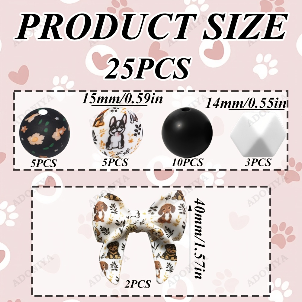 TEMU Lot de 25 perles en avec grand nœud et imprimé chiot - Rose , adaptées à la fabrication de bijoux DIY, assortiment de perles sur le thème des