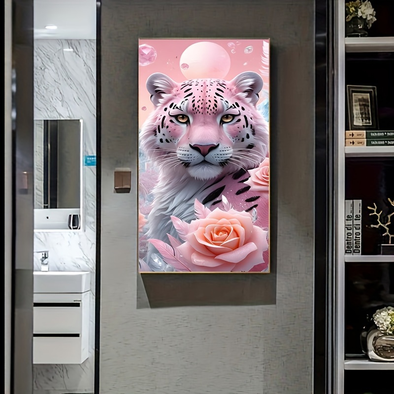 

5d Diy Diamond Painting Kit - Pink Tiger With Roses Animal Theme Round Full Drill Canvas Art | Mosaic Craft Set | Relaxing & Enjoyable Home Decor Wall Art Gift