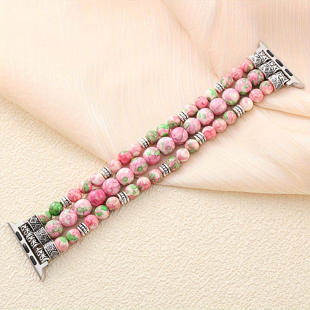 

Pink Rainbow Jade Beaded Boho Bracelet Compatible For Watch 9/8/7/se/6/5/4 Bands 40mm/38mm/41mm Women Fashion Cute Handmade Crystal Beads Stretchy Watch Strap