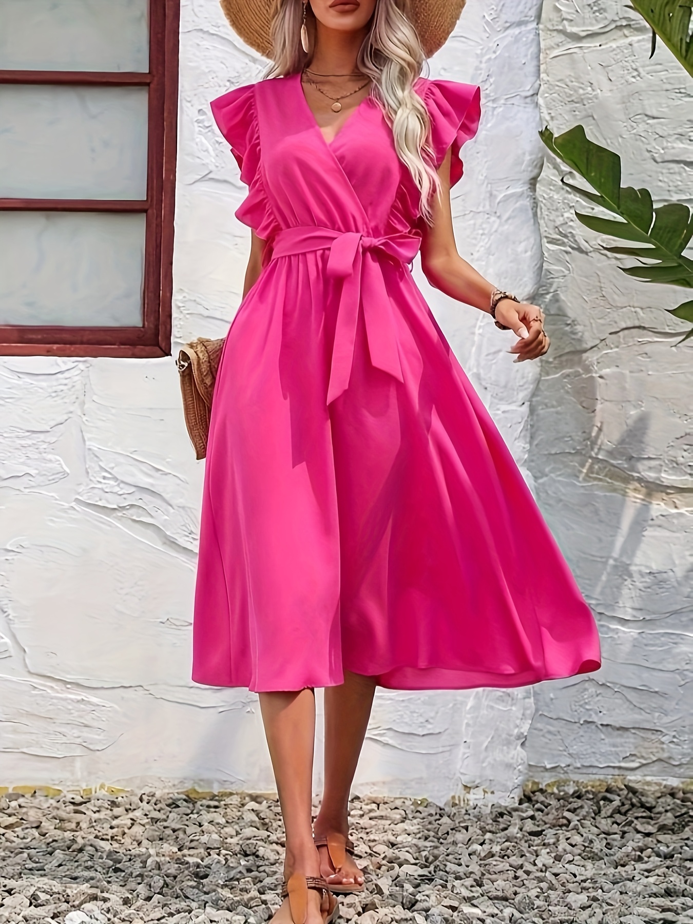 women's elegant v neck ruffle sleeve bodycon midi dress tie Temu