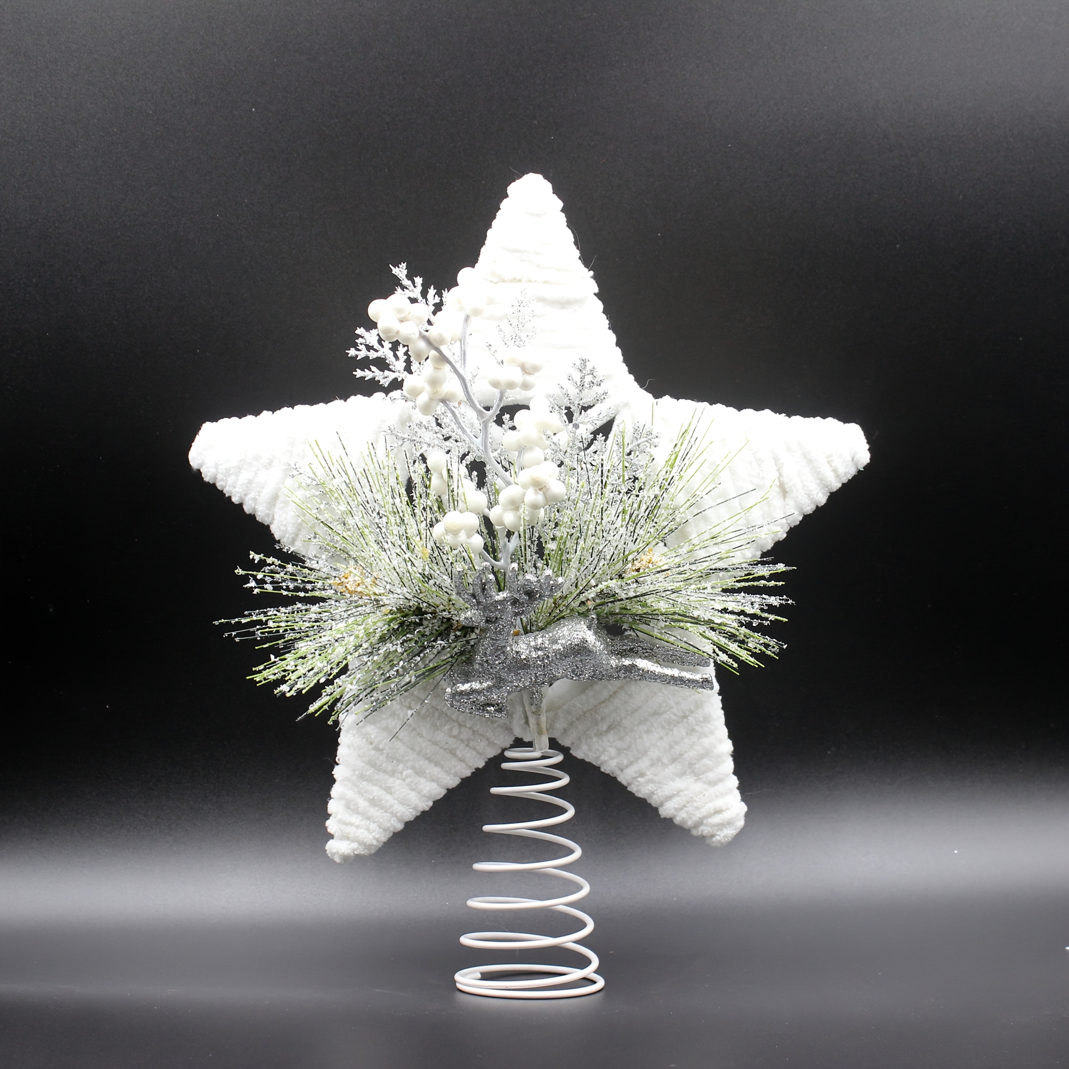 TEMU 1pc, 30.5cm Large Christmas Tree Topper Star Decoration With Metal Stand And Thick , Featuring Artificial Pine Needles, Berries, Deer Statue â
