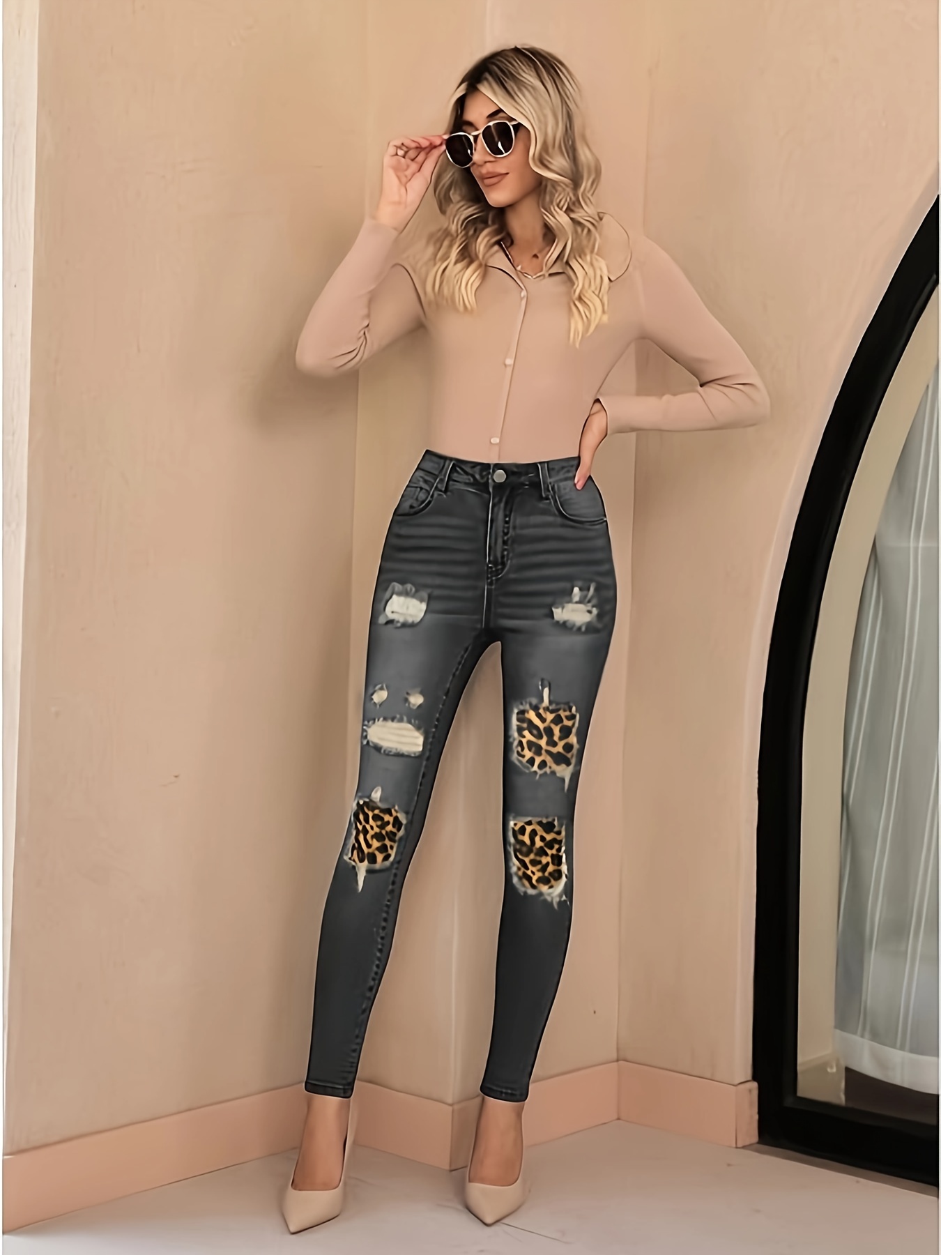 Leopard Print Ripped Skinny Fit High Waist Washed Grey Jeans, Women's  Denim Jeans Clothing