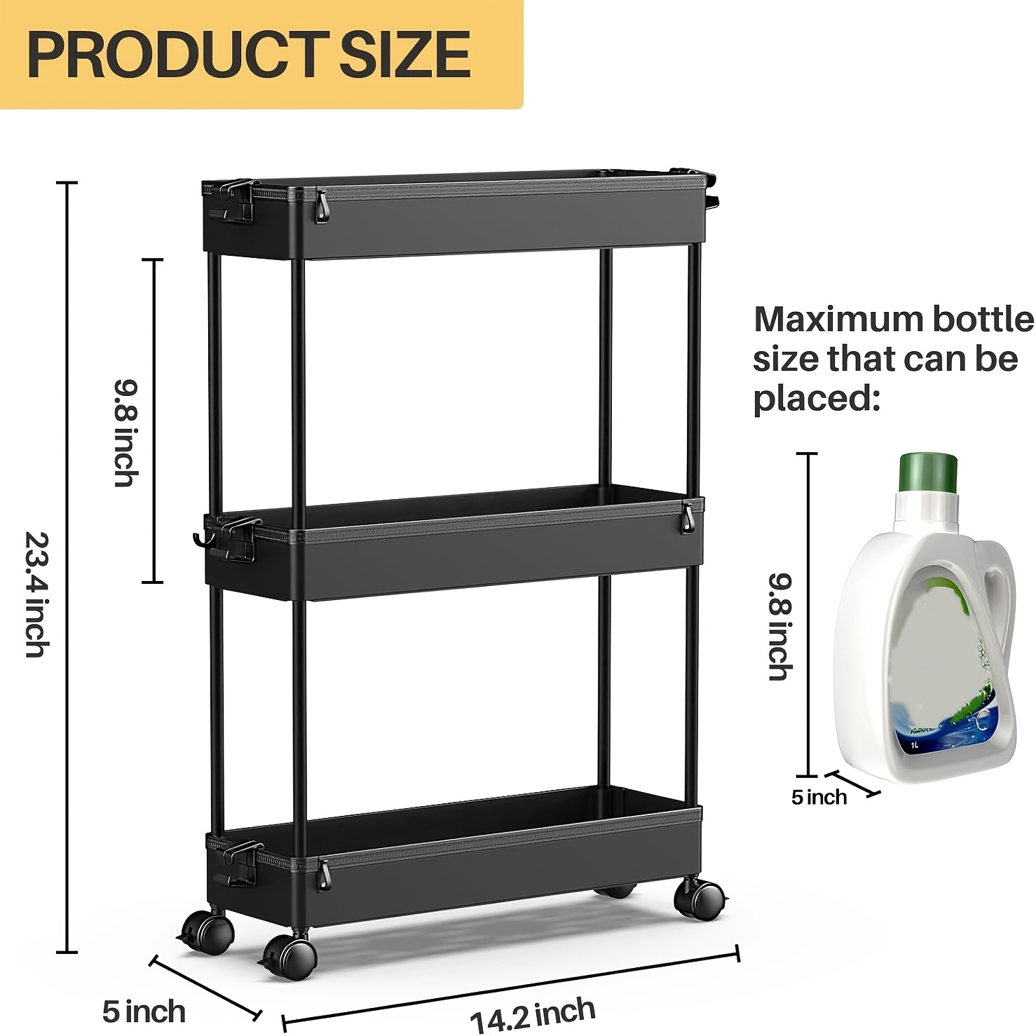 TEMU Chariot de Rangement Mobile Slim Noir/Blanc, Organisateur à 3 Niveaux pour de Bains et Buanderies, Étagère Mobile Polyvalente Adaptée aux