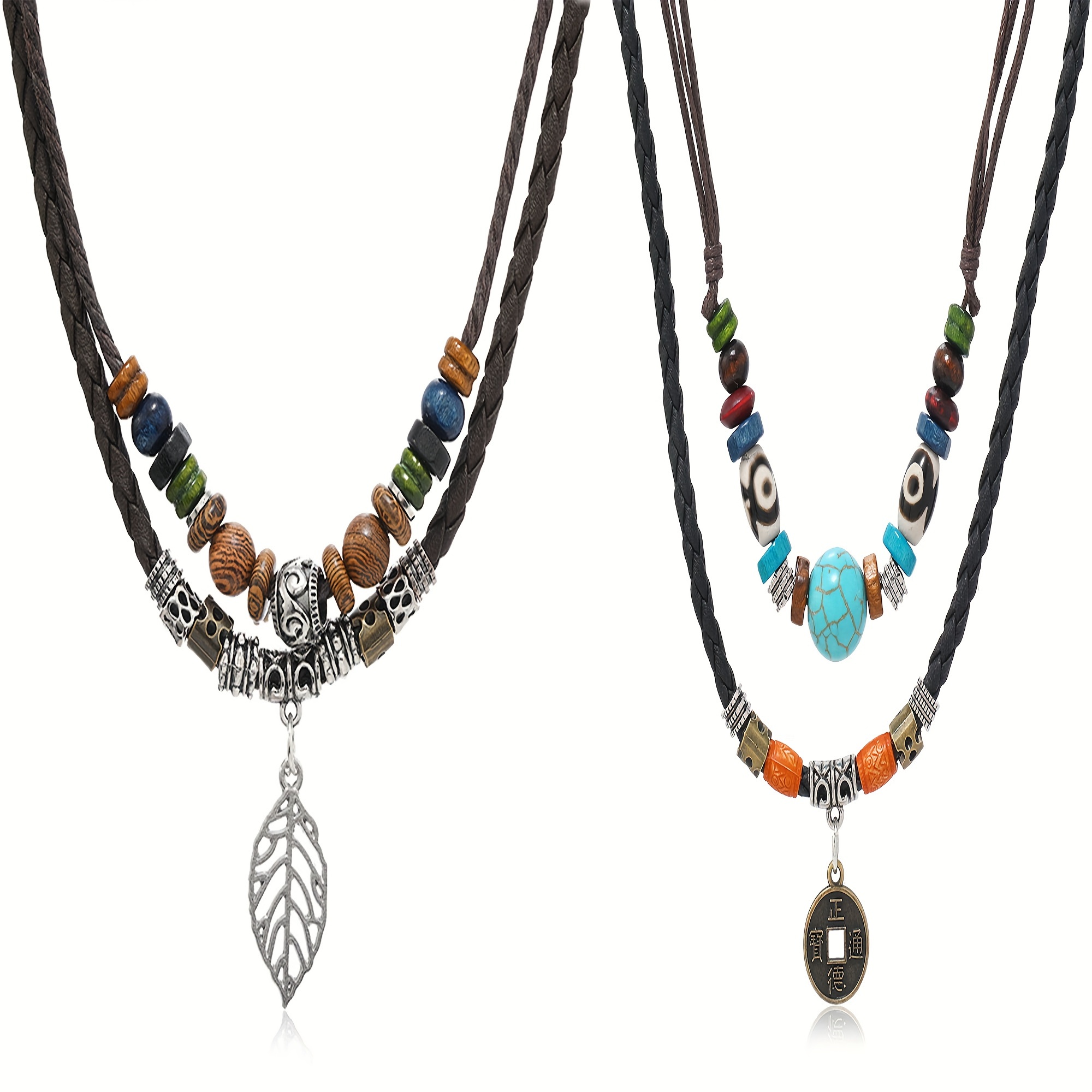 

2pcs/set Boho Styles For Woods Beads With China Cion And Leaf Pendant Necklace Set