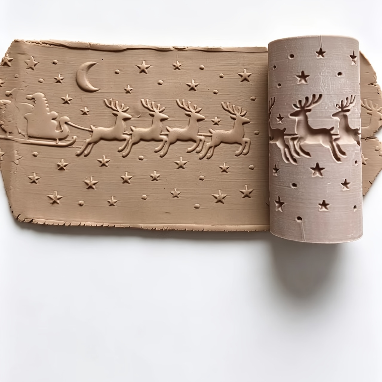 TEMU Tampon à rouleau de poterie Ciel étoilé de Noël, Motif de traîneau de Père Noël, Rouleau de gaufrage spécial pour plaque de terre molle, Texture