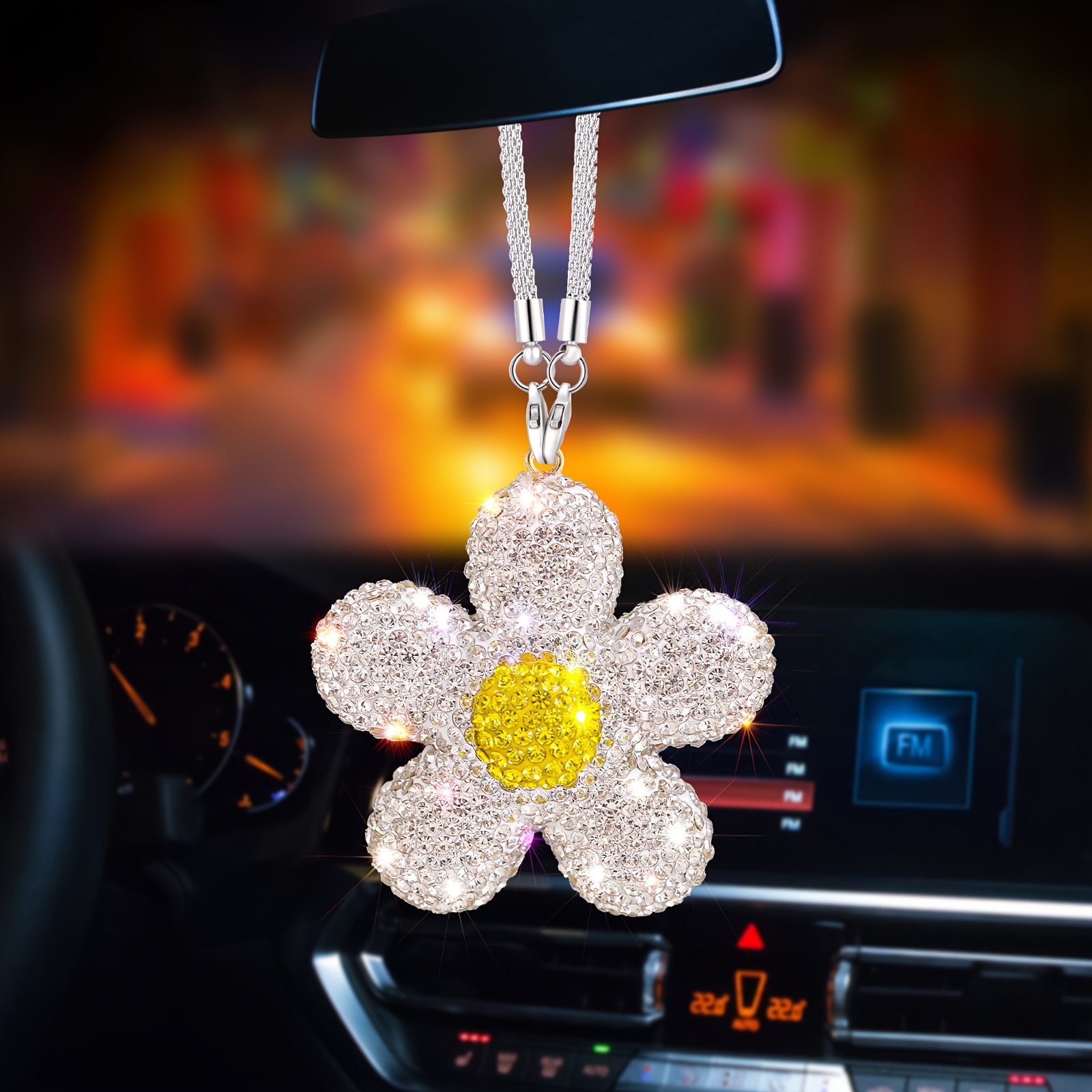 TEMU Sparkling -encrusted Daisy Car Mirror Hanging With Small Daisies - Suitable For Rearview Mirror Or Dashboard Decor, Cute Car, Clip- Installation (no Drilling)