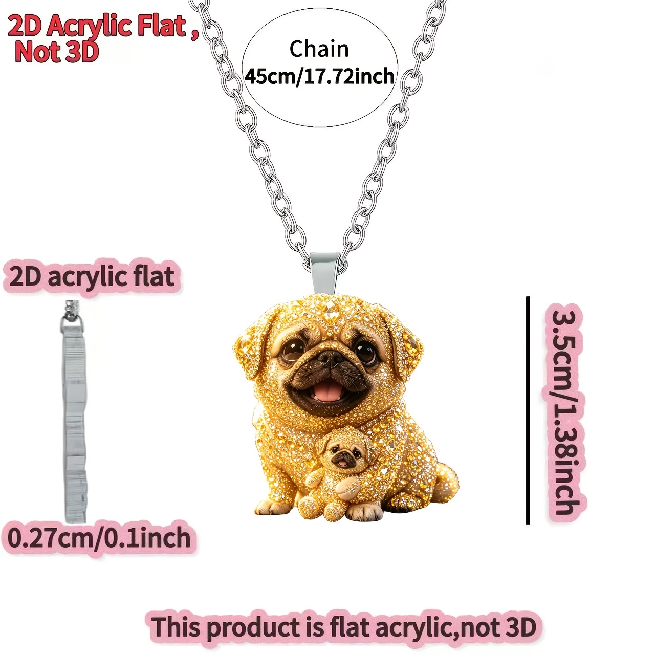 Acrylic Cute Pug Y-Shaped Pendant Necklace, Birthday Gift