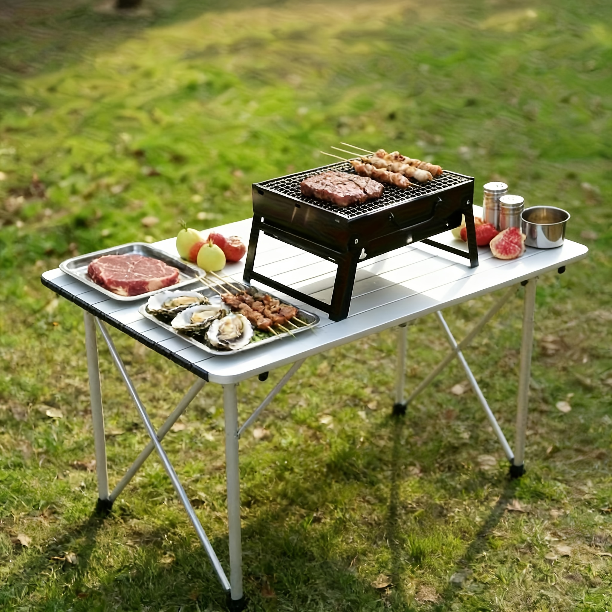 TEMU 1pc Portable Foldable Charcoal Bbq Grill - Heavy-duty Cast Iron Grill, Foldable Compact Outdoor Bbq With Open Grid Design, Compatible With