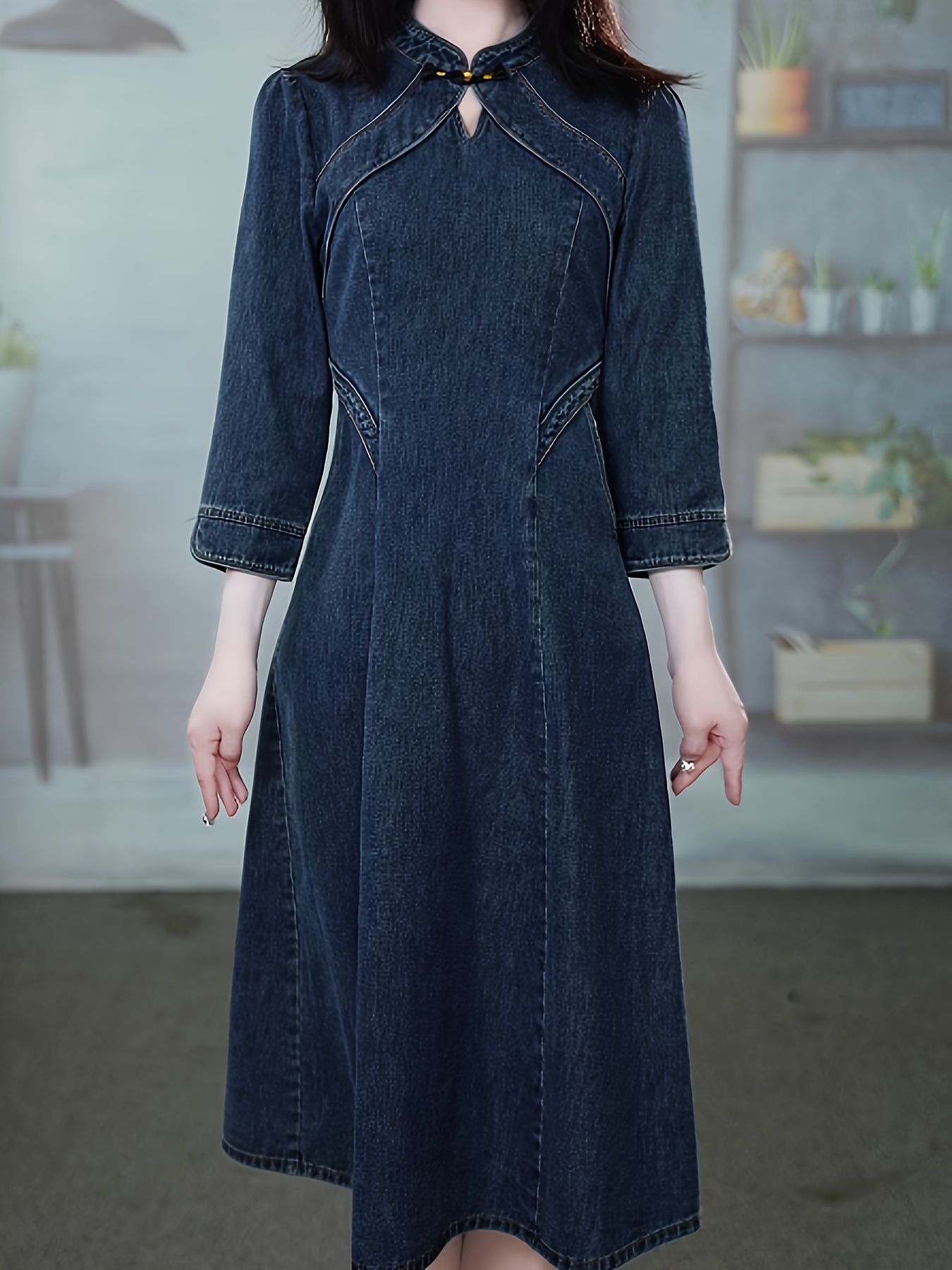 chinese style denim dress new featuring a stand collar Willowby Bohemian Lace Wedding Ellie wilde Color:WINE MULTI 59%Lyocell 27%Polyester 12%Cotton 2%Elastane DrJ-Picks