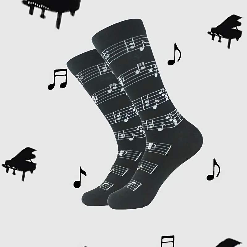 TEMU 1 Pair Men' Note Pattern Mid-calf Socks, Comfortable Stretchable Breathable Polyester Knit Fabric With Hand Wash/ Only