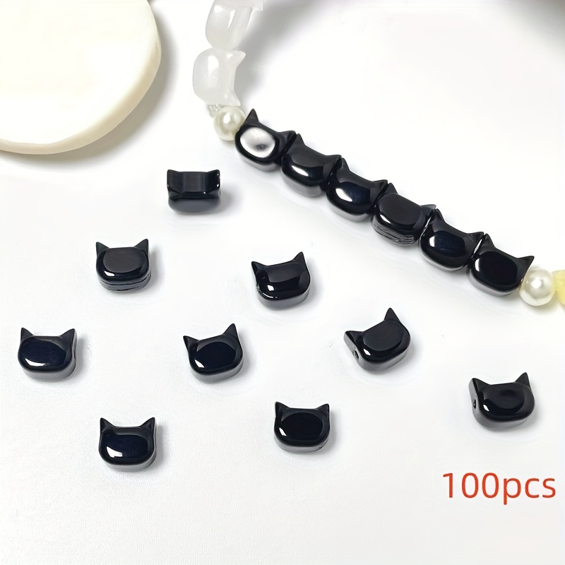 TEMU 100 pièces Perles en verre tête de chat 6×8mm - Breloques lampwork noires et blanches, fabrication de bijoux DIY pour bracelets, et boucles