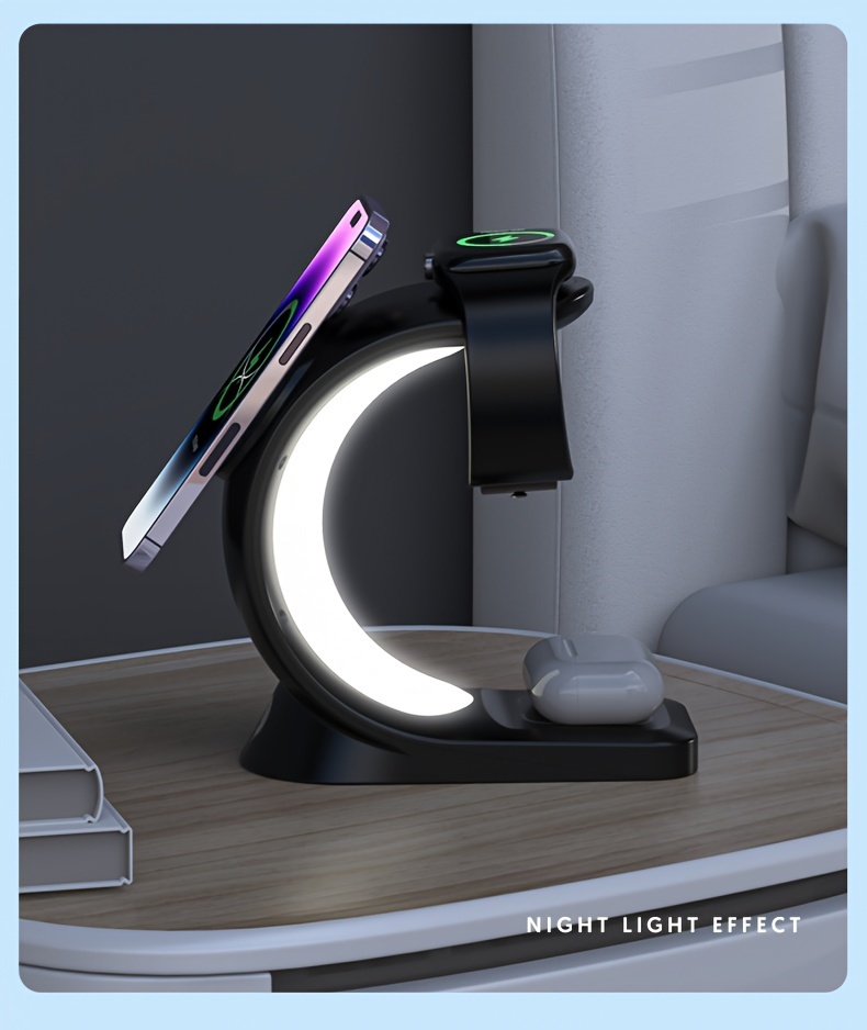 wireless charging station a three in one wireless charging dock for watches earphones and mobile phones suitable for 7 se 6 5 4 3 2 iphone 15 14 13 12 pro max with adjustable night light bedside lamp and colorful lights details 1