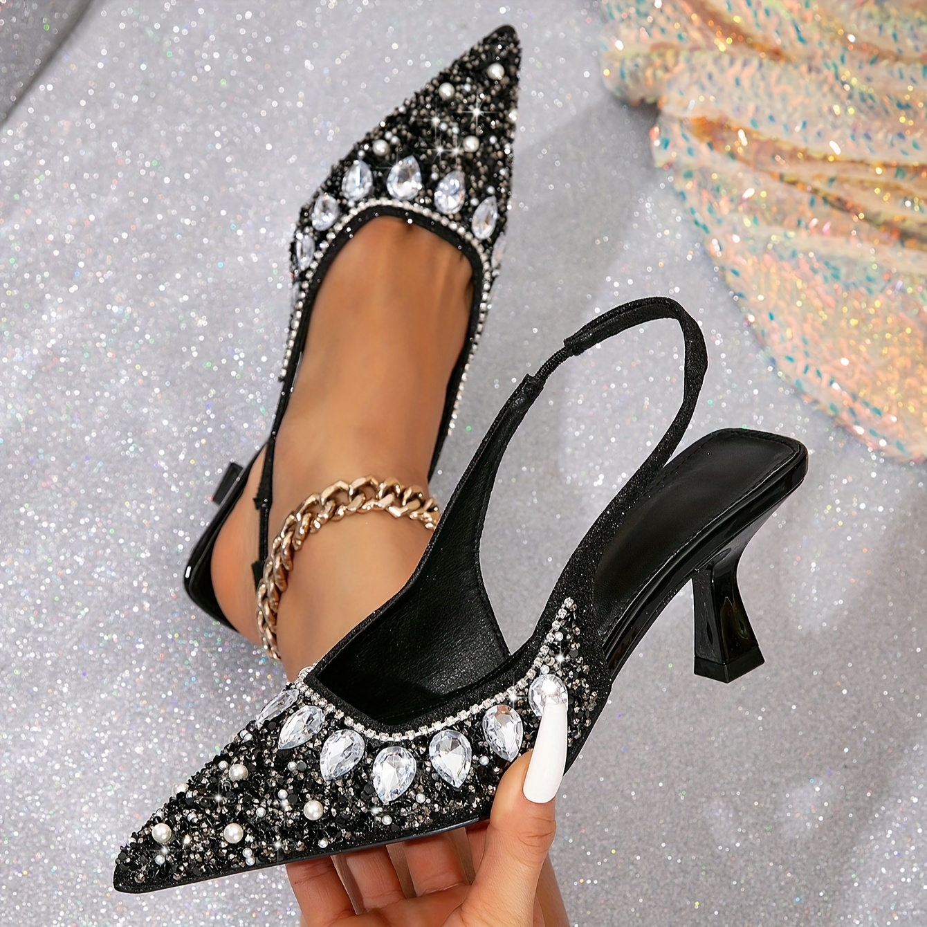 

Women's Pointed Toe Slingback Sandals, Fashion Rhinestone And Faux Pearl Embellished Kitten Heels, Glitter Party Dressy Shoes