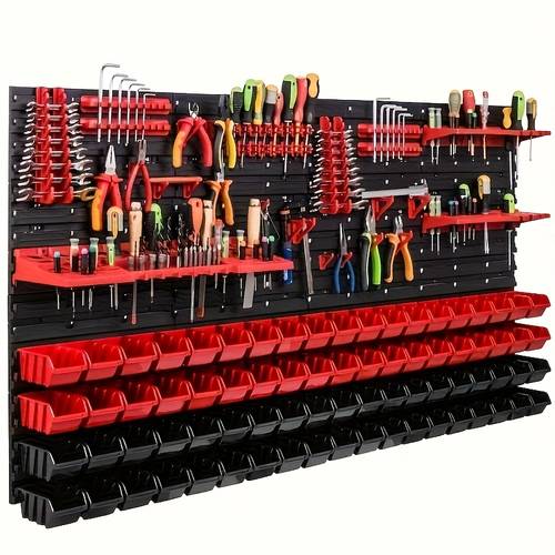 heavy duty wall mounted tool organizer shelf multi compartment storage rack with red black plastic shelves hanging boards hooks for garage workshop tools space saving durable workshop organization tool storage