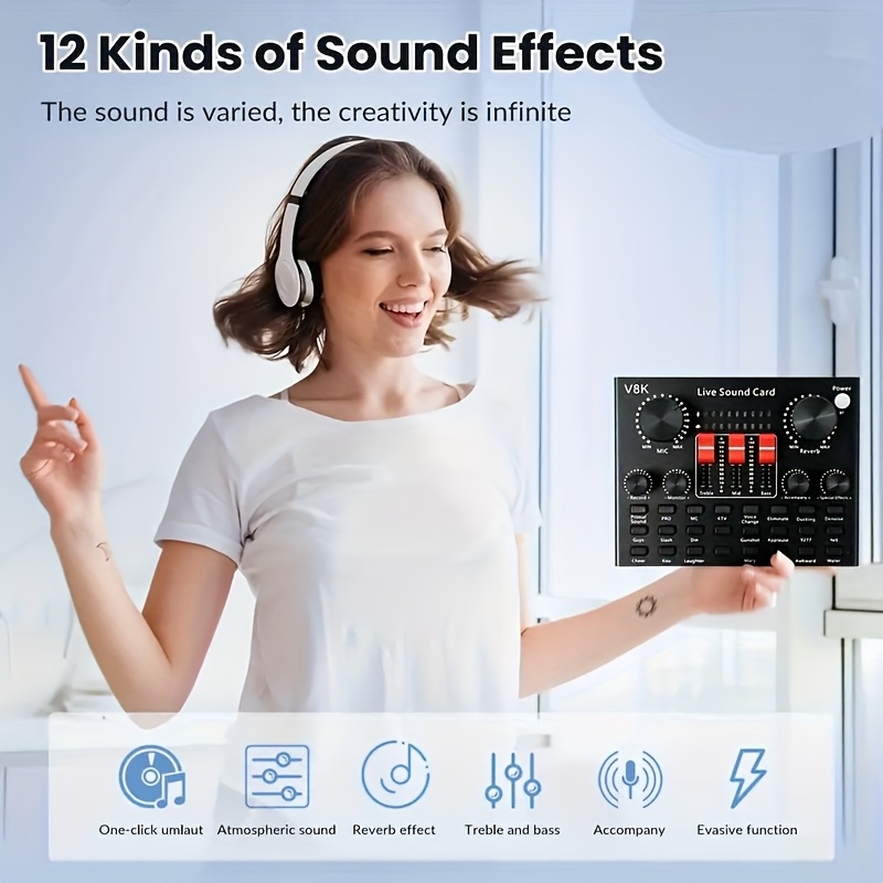 Професионален аудио интерфейс Live Sound Card V8K с напрежение под 36V, с USB кабел за зареждане и вградена 18650 литиева батерия за преносимост - идеален за външно стрийминг, запис, озвучаване и пеене