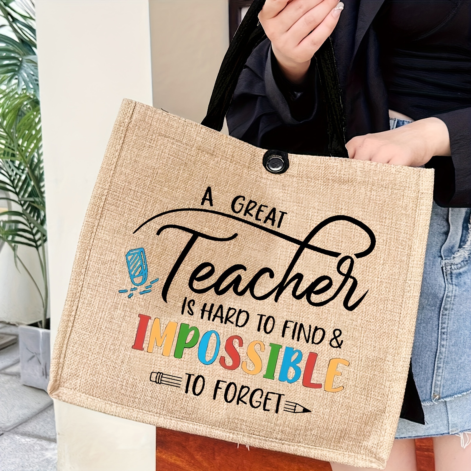 

Fashion Letter Print Tote Bag, Large Capacity Gift Bag For Teacher, Women's Casual Handbag For Travel Beach Shopping