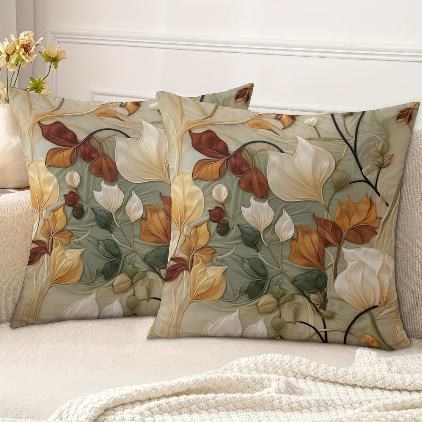 TEMU Ensemble de 2 taies d'oreiller vintage à motif floral et feuilles, design de peinture d'art , tissu peluche court, impression double face,