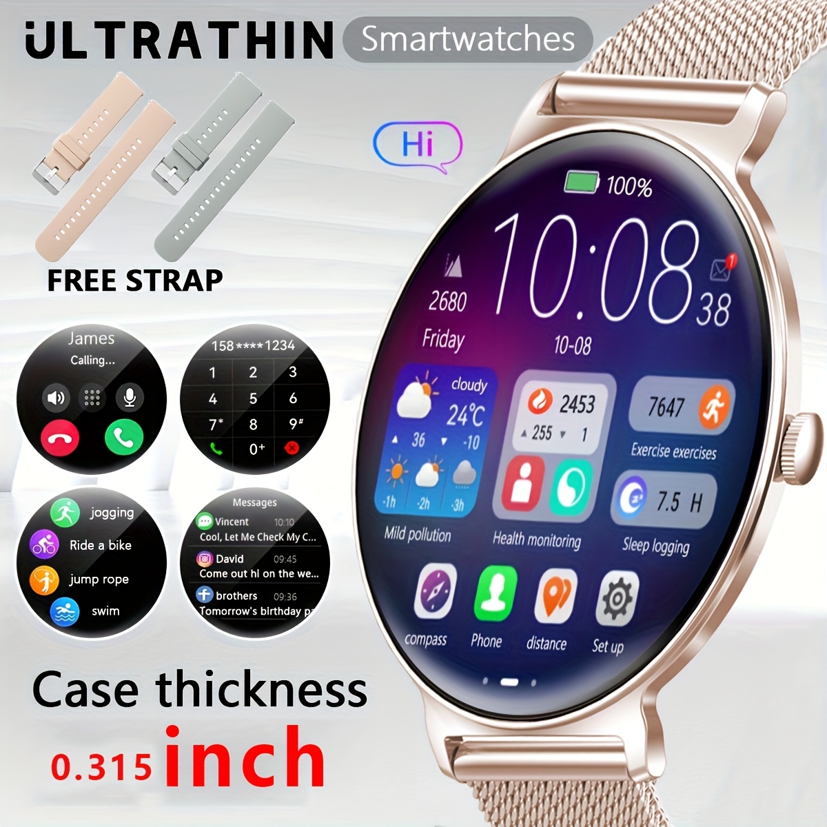 Ultra-Thin And Durable Smart Watch for Men And Women,   of 5-7 Days, Wireless Calling, 100+    , 1.27-Inch HD Screen, USB Charging, 5.3 Wireless. Suitable for Office,  , Gift  ,  .