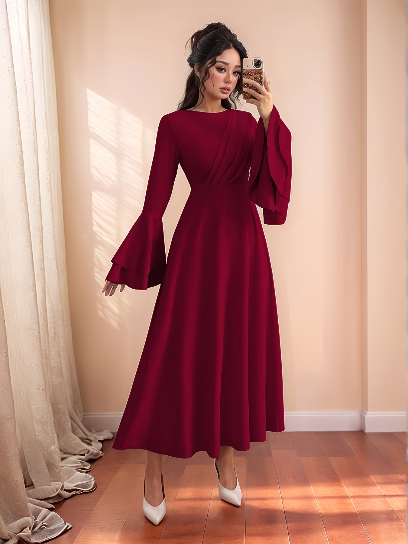 elegant flared long sleeve a line dress burgundy waist