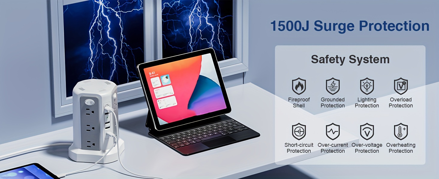 Angled Flat Plug 12 AC Outlets Power Strip Tower with USB C Port(PD18W/PD20W), Surge Protector Power Tower with 5 USB Ports, Extension Cord Desktop Power Strip for Home Office DormRoom