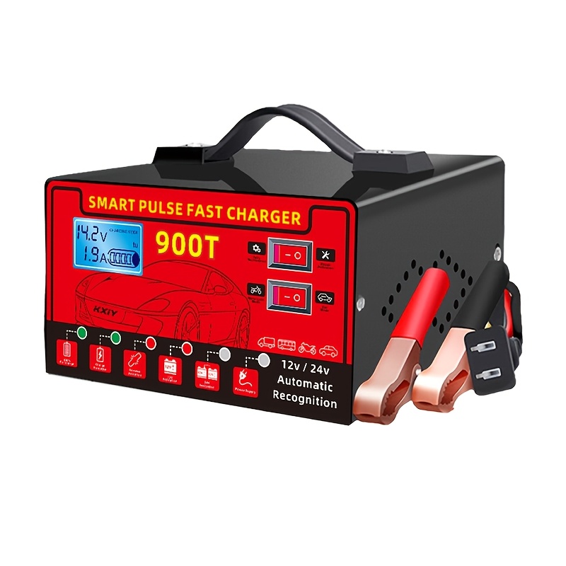 TEMU 12v/24v Smart Car And Motorcycle Battery Charger, Repair With Lcd Display, Temperature , Overcharge And Short Circuit Protection, Starting For Charging, Portable Charger
