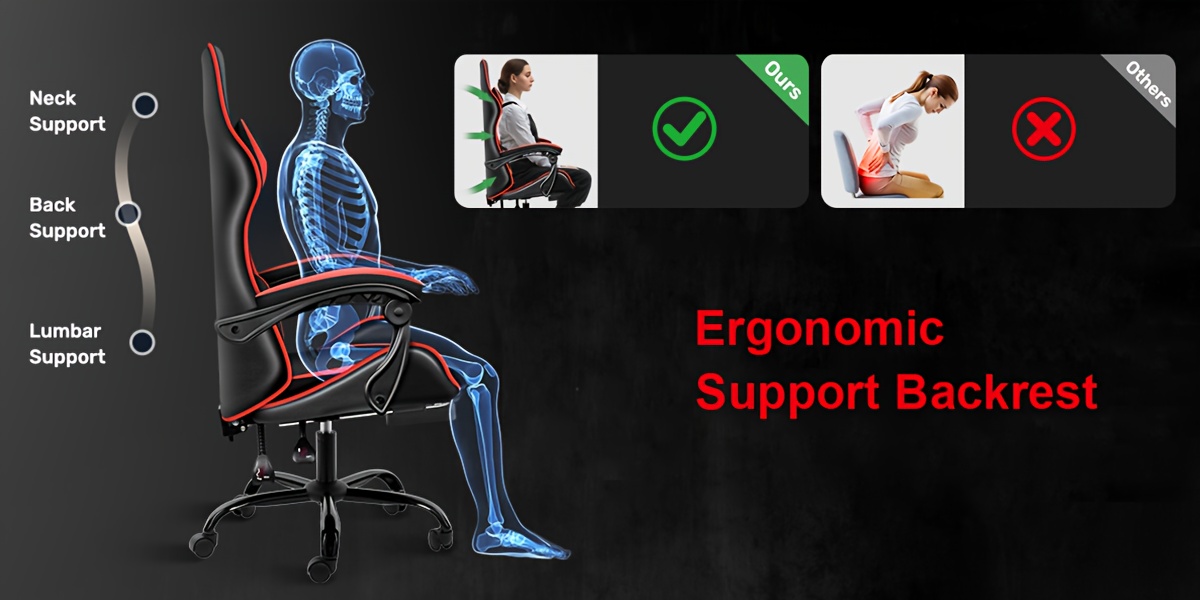 Ergonomic Gaming Chair with Footrest -Heavy-Duty Height-Adjustable Recliner, 3609Swivel & Lumbar Support, Manual ReclineMechanism, Black/Red/WhiteColor Options, Faux -like Texture, FoamPadding & Stainless Steel Frame PC/Office